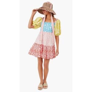 Oliphant Tuckernuck Canary Multi Bubble Skirt Mini Cotton Dress Puff Sleeves NEW